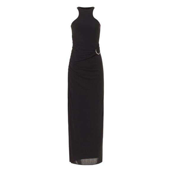 Halston Black Tank Gown Size 4 Cocktail Bodycon Halter Chic Maxi Dress $545 Flaw - Picture 2 of 12